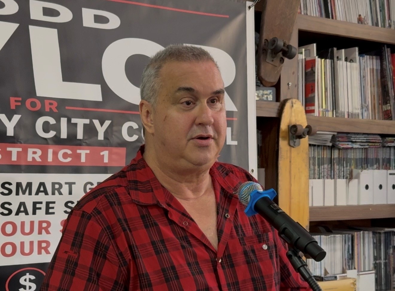 Todd Taylor speaking at his campaign kickoff event for Simi Valley City Council District 1